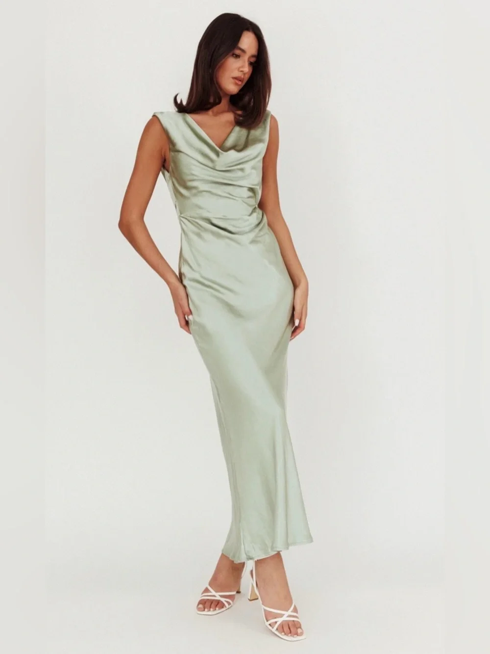 Selfie Leslie Chills Cowl Neck Satin Maxi Dress Sage Size Small - Picture 2 of 8